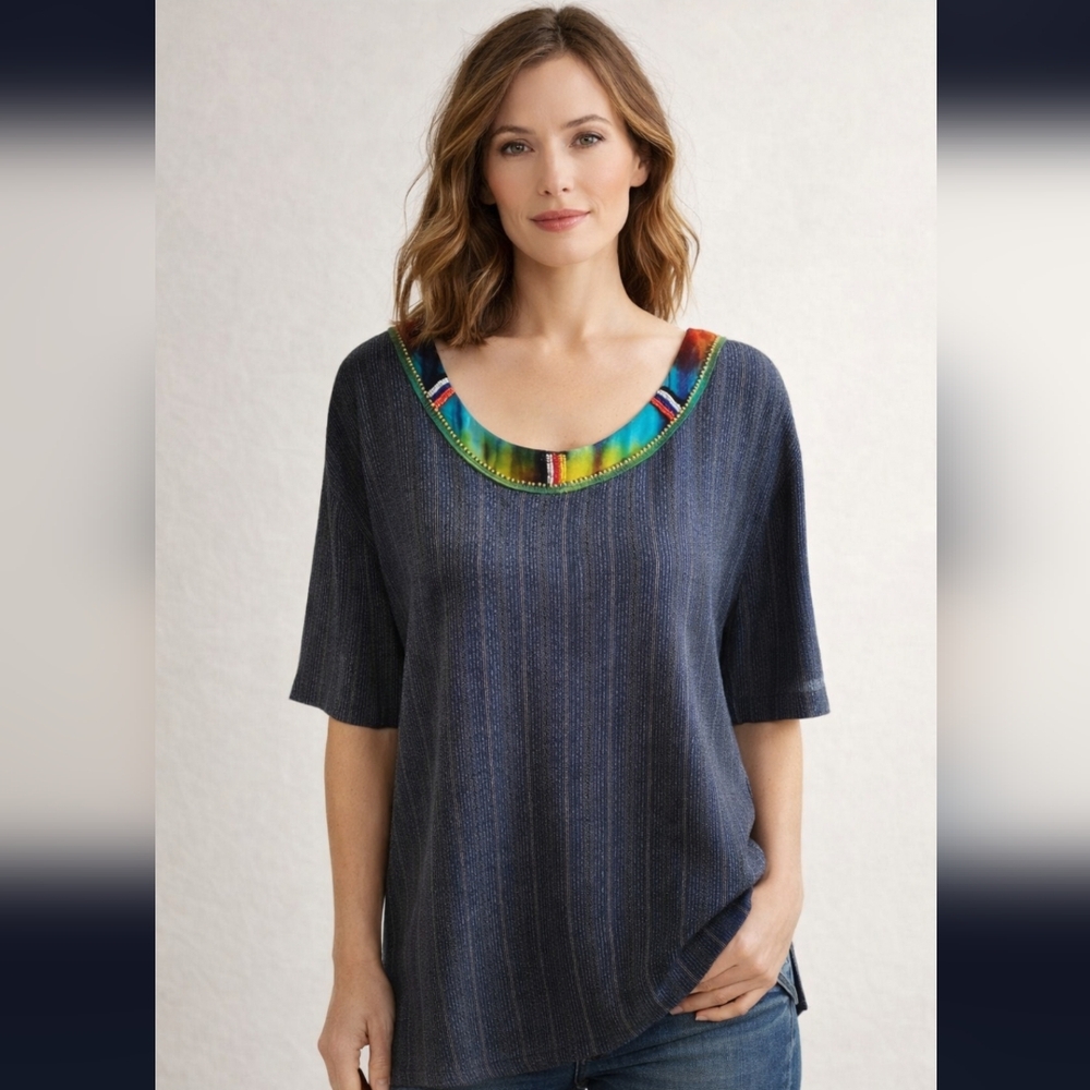 Surya II Blouse Size XL Purple Beaded Neckline Short Sleeve Rayon